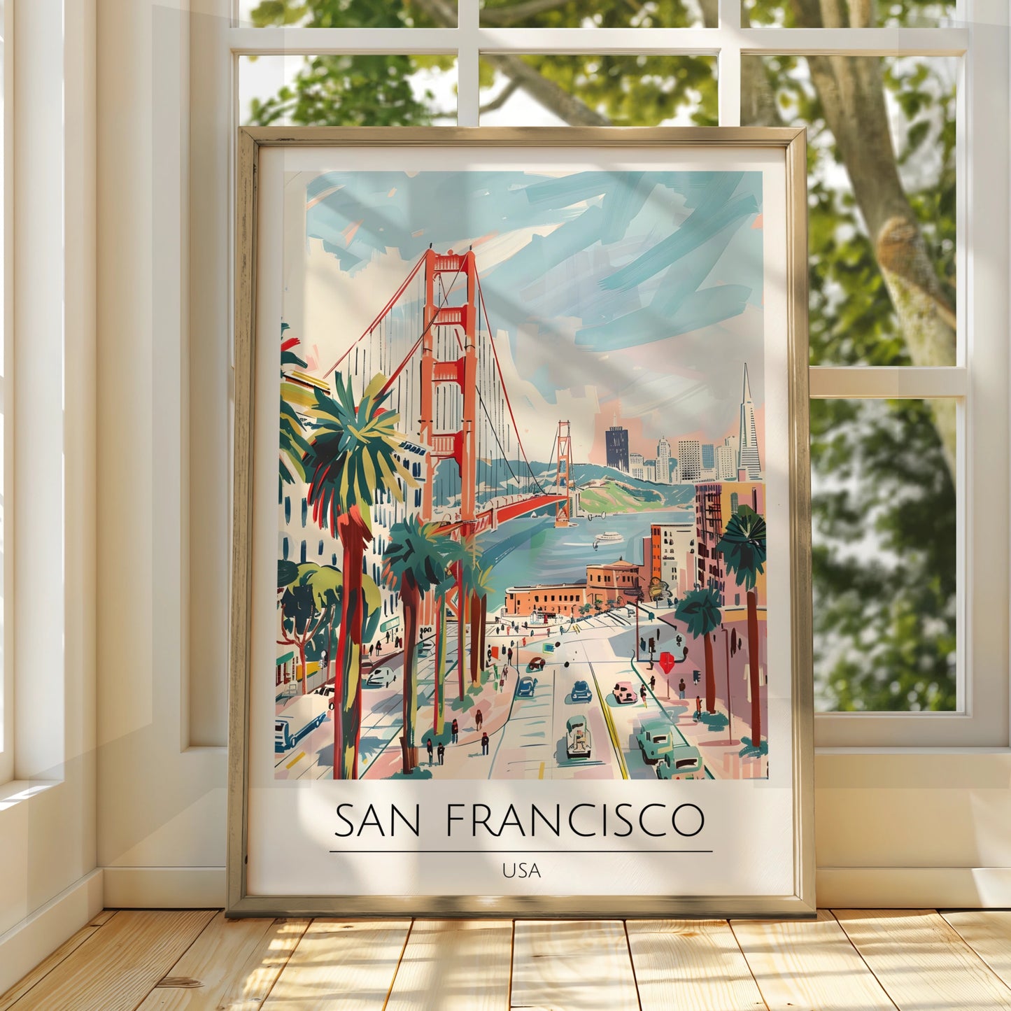 San Francisco Poster Art, Golden Gate Bridge, Colourful Wall Art, USA Cityscape, Vintage Coastal