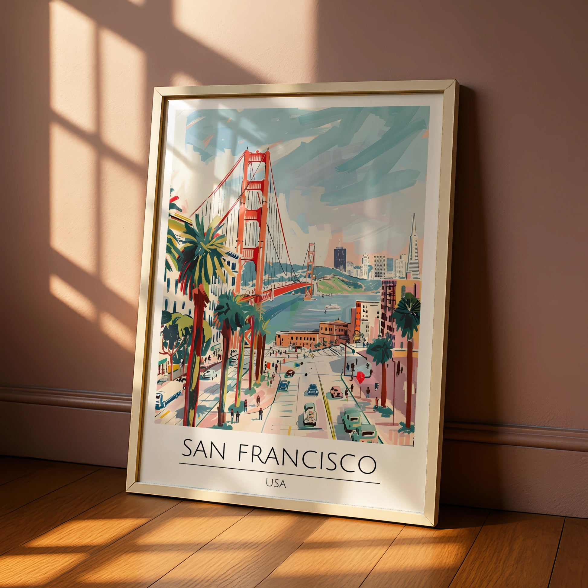 San Francisco Poster Art, Golden Gate Bridge, Colourful Wall Art, USA Cityscape, Vintage Coastal