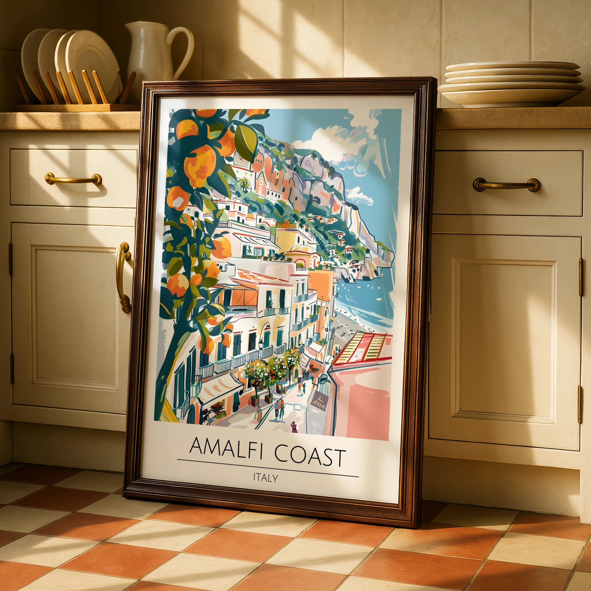 Amalfi Coast Art Print, Italian Landscape Poster, Colourful Coastal Town, Mediterranean Decor