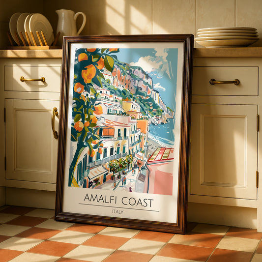 Amalfi Coast Art Print, Italian Landscape Poster, Colourful Coastal Town, Mediterranean Decor