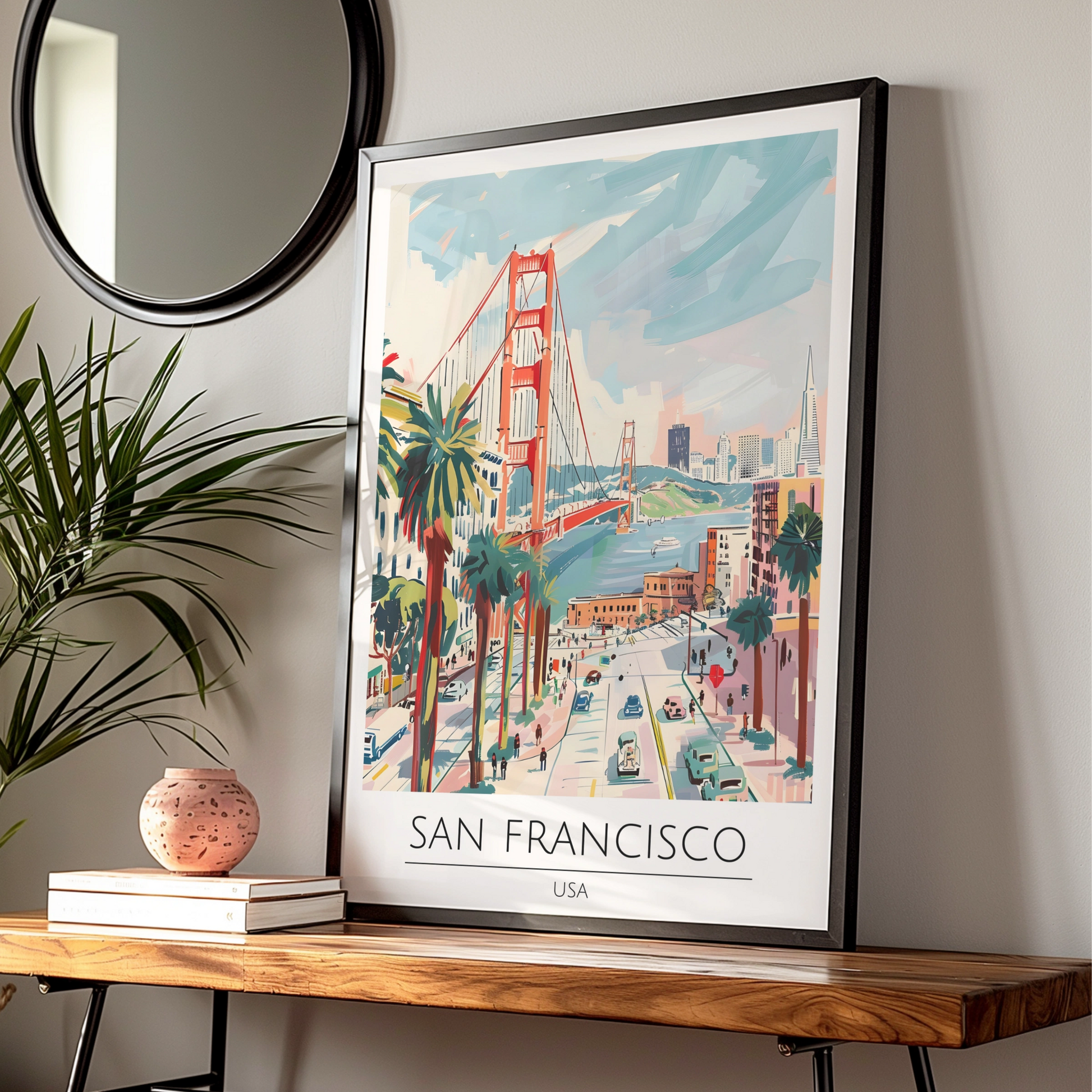 San Francisco Poster Art, Golden Gate Bridge, Colourful Wall Art, USA Cityscape, Vintage Coastal