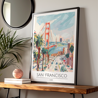 San Francisco Poster Art, Golden Gate Bridge, Colourful Wall Art, USA Cityscape, Vintage Coastal