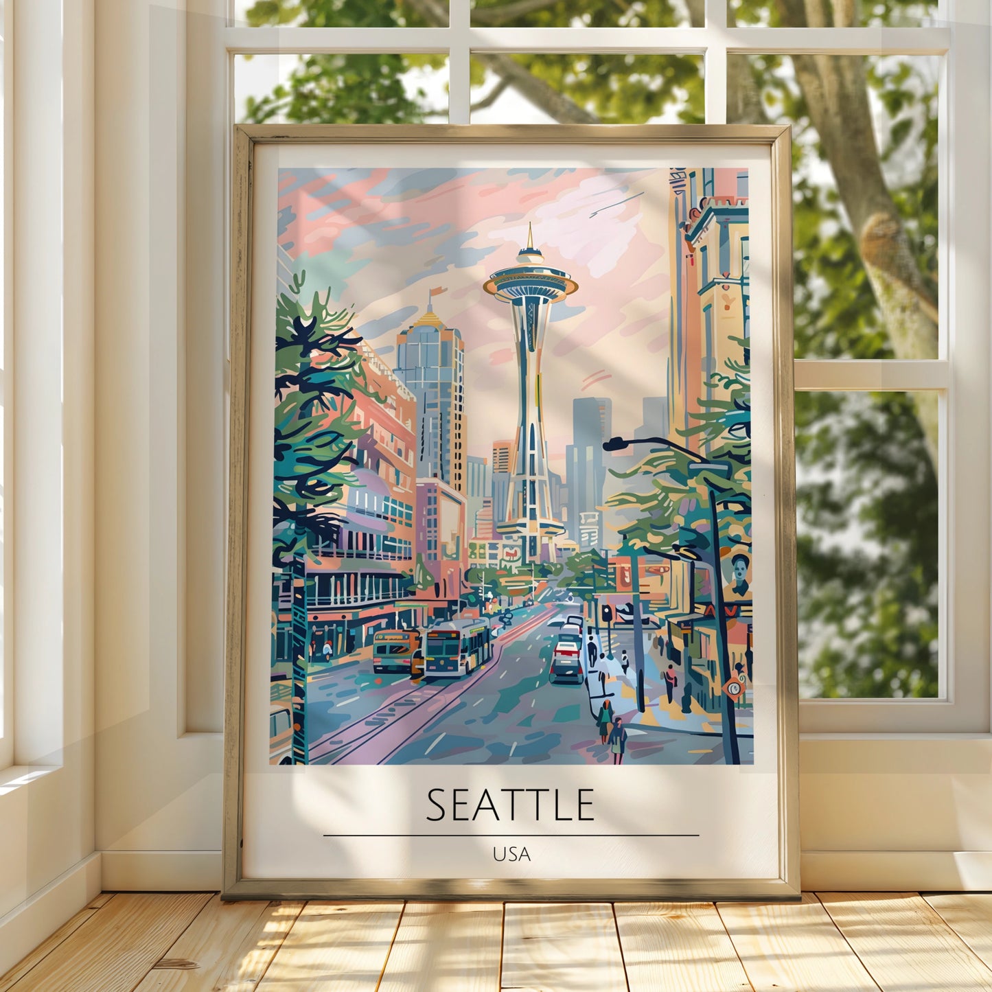 Seattle City View Poster, Colourful Artwork of Space Needle, Urban Wall Art, USA Decor, Modern Art