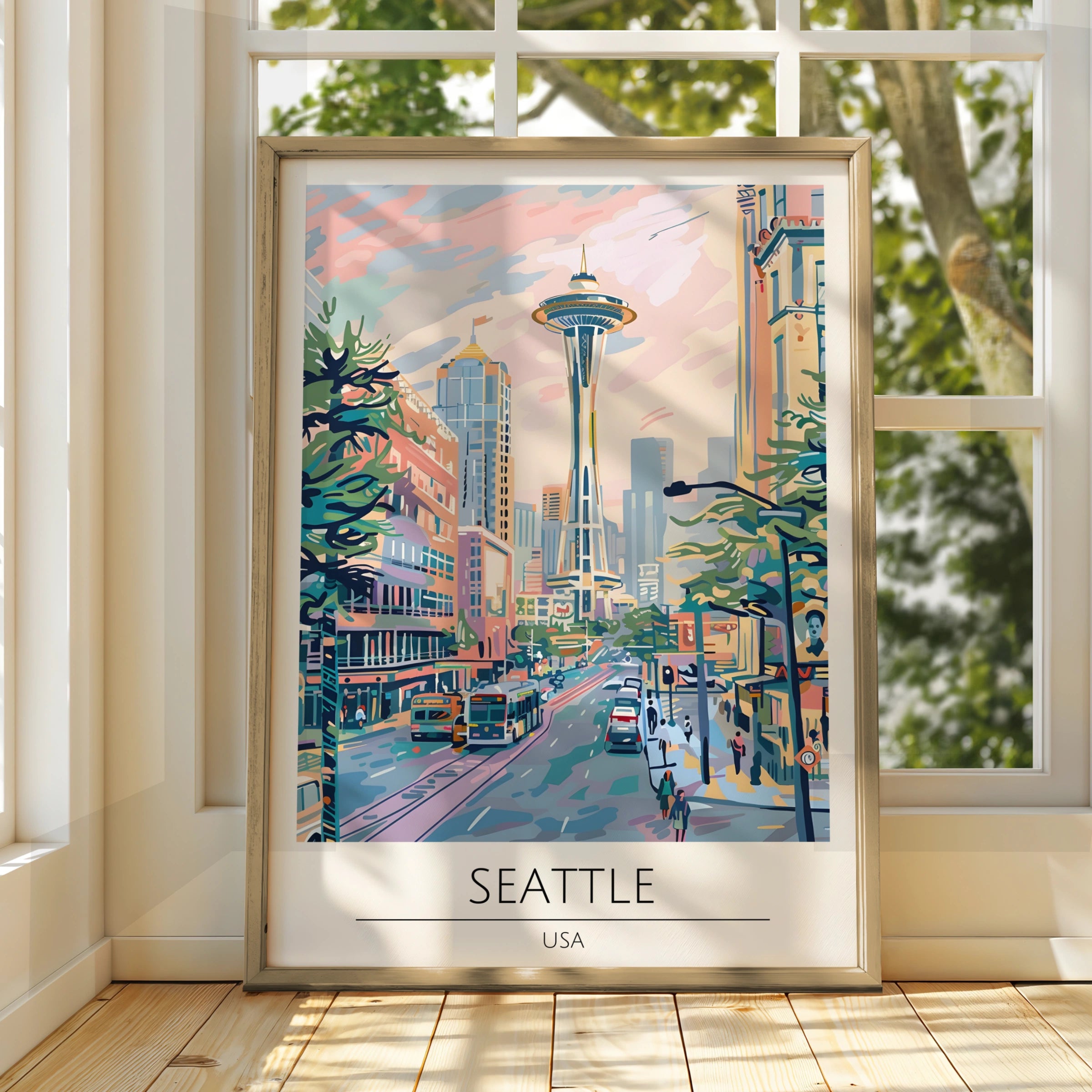 Seattle City View Poster, Colourful Artwork of Space Needle, Urban Wall Art, USA Decor, Modern Art