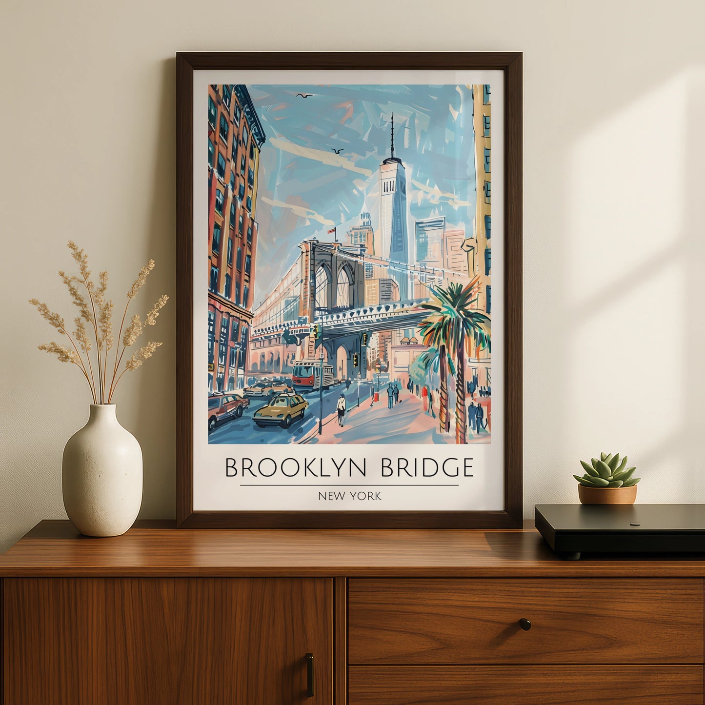 Brooklyn Bridge New York City Art Print, Colourful Travel Poster, Urban Wall Decor, New York City