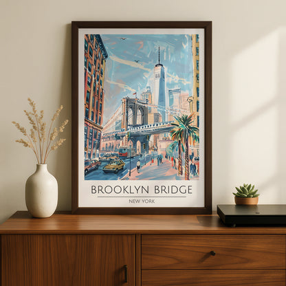 Brooklyn Bridge New York City Art Print, Colourful Travel Poster, Urban Wall Decor, New York City