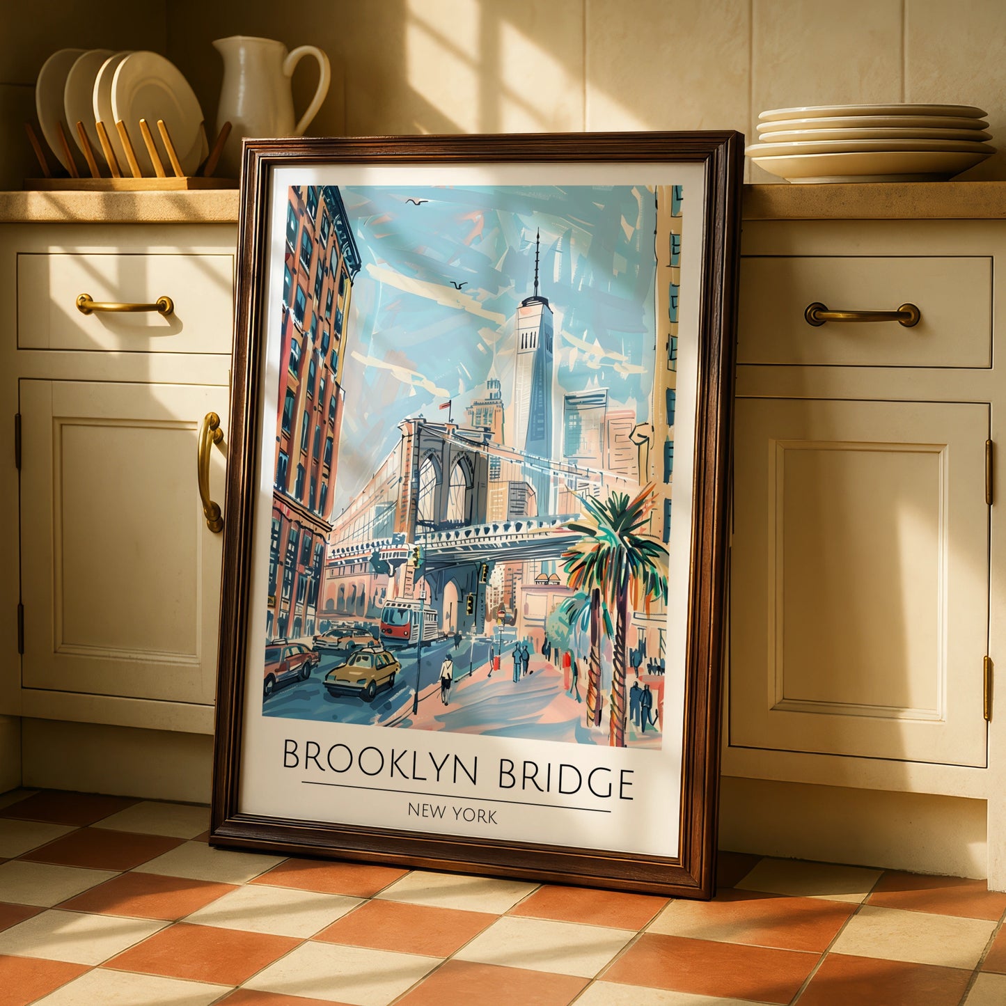 Brooklyn Bridge New York City Art Print, Colourful Travel Poster, Urban Wall Decor, New York City