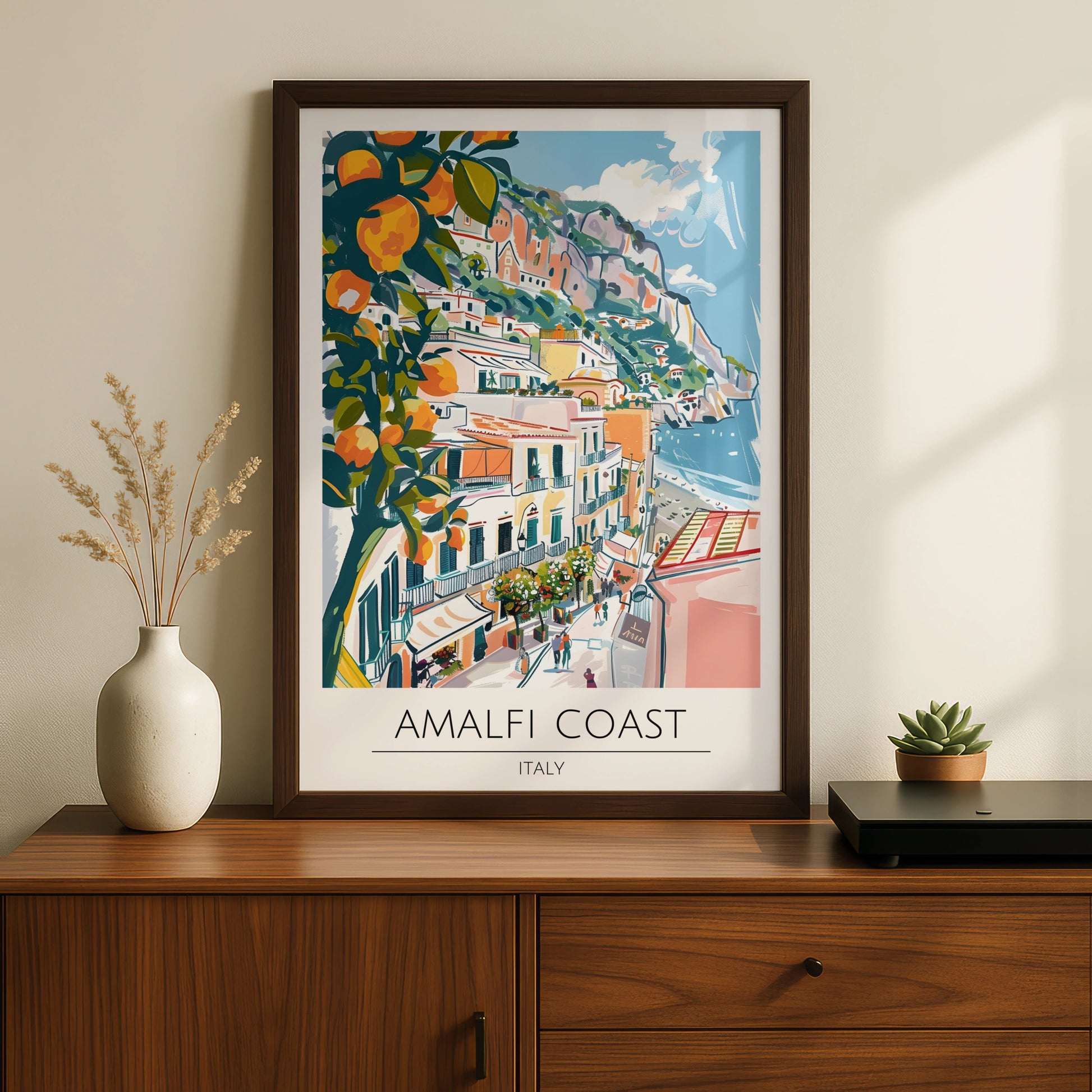 Amalfi Coast Art Print, Italian Landscape Poster, Colourful Coastal Town, Mediterranean Decor