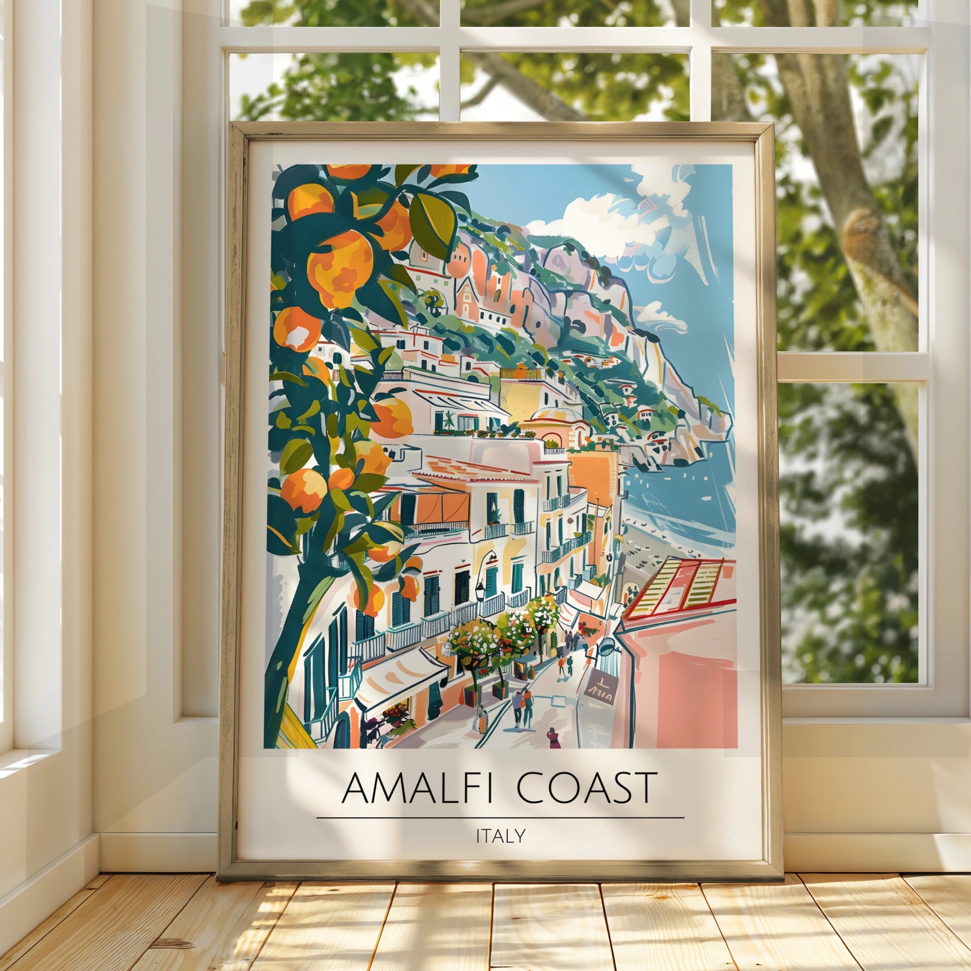 Amalfi Coast Art Print, Italian Landscape Poster, Colourful Coastal Town, Mediterranean Decor