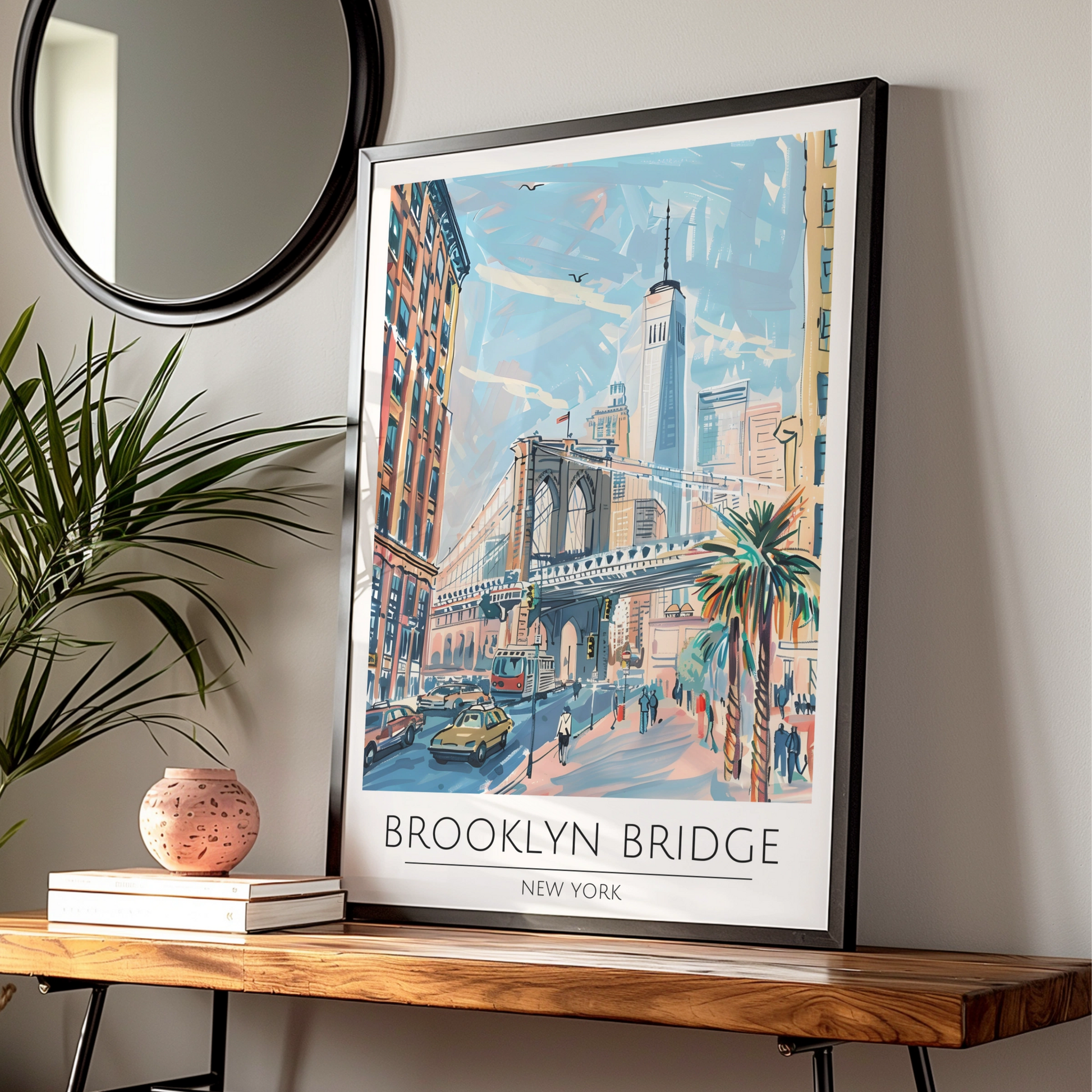 Brooklyn Bridge New York City Art Print, Colourful Travel Poster, Urban Wall Decor, New York City