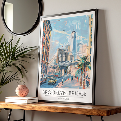 Brooklyn Bridge New York City Art Print, Colourful Travel Poster, Urban Wall Decor, New York City