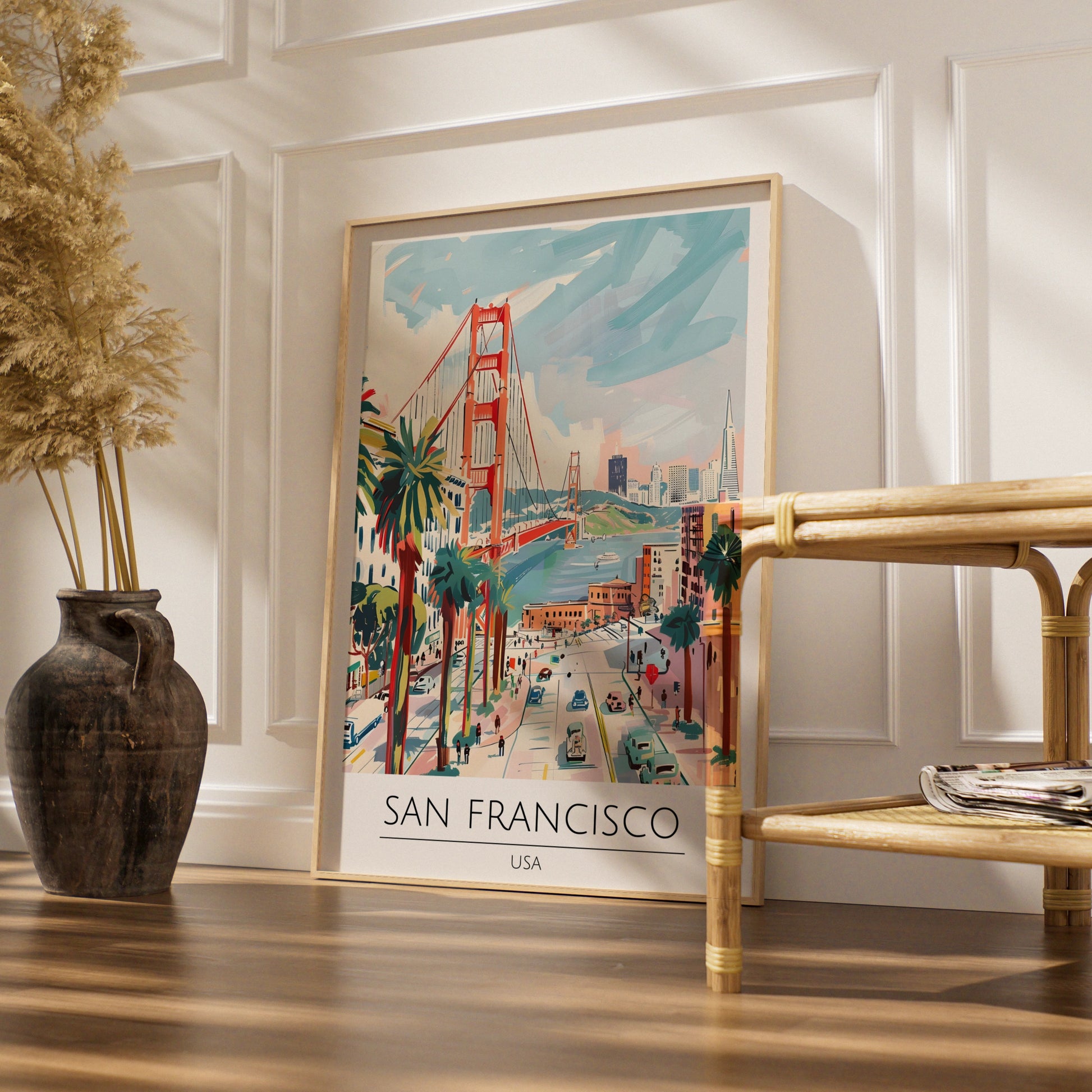 San Francisco Poster Art, Golden Gate Bridge, Colourful Wall Art, USA Cityscape, Vintage Coastal
