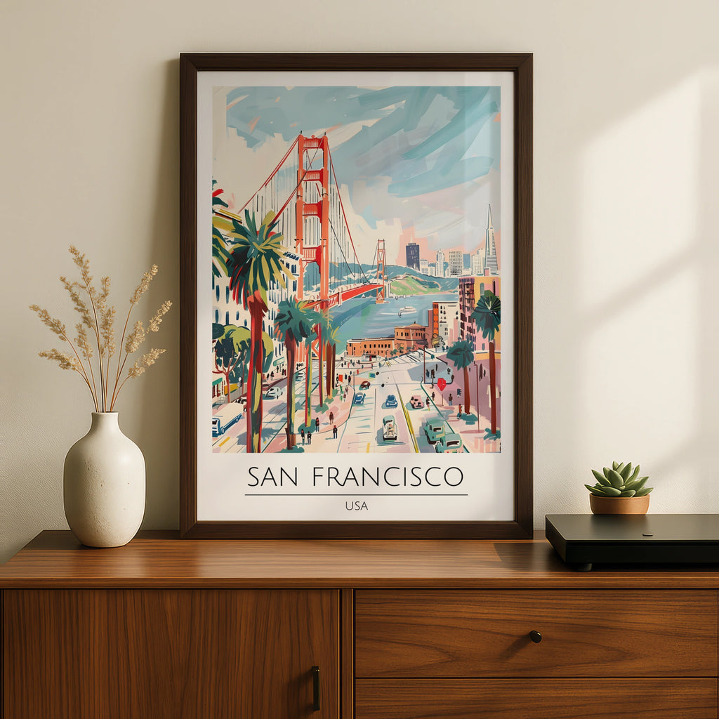 San Francisco Poster Art, Golden Gate Bridge, Colourful Wall Art, USA Cityscape, Vintage Coastal
