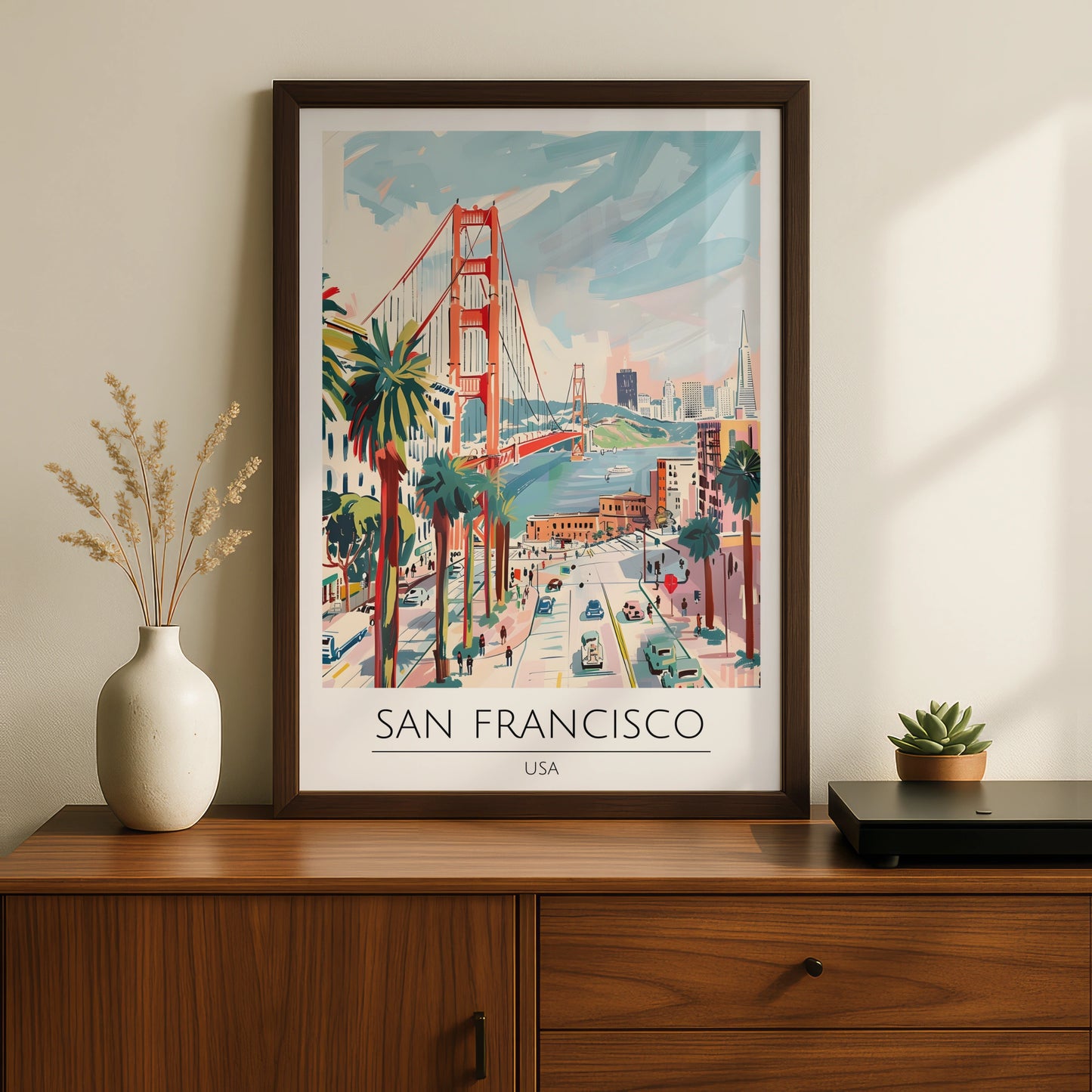 San Francisco Poster Art, Golden Gate Bridge, Colourful Wall Art, USA Cityscape, Vintage Coastal