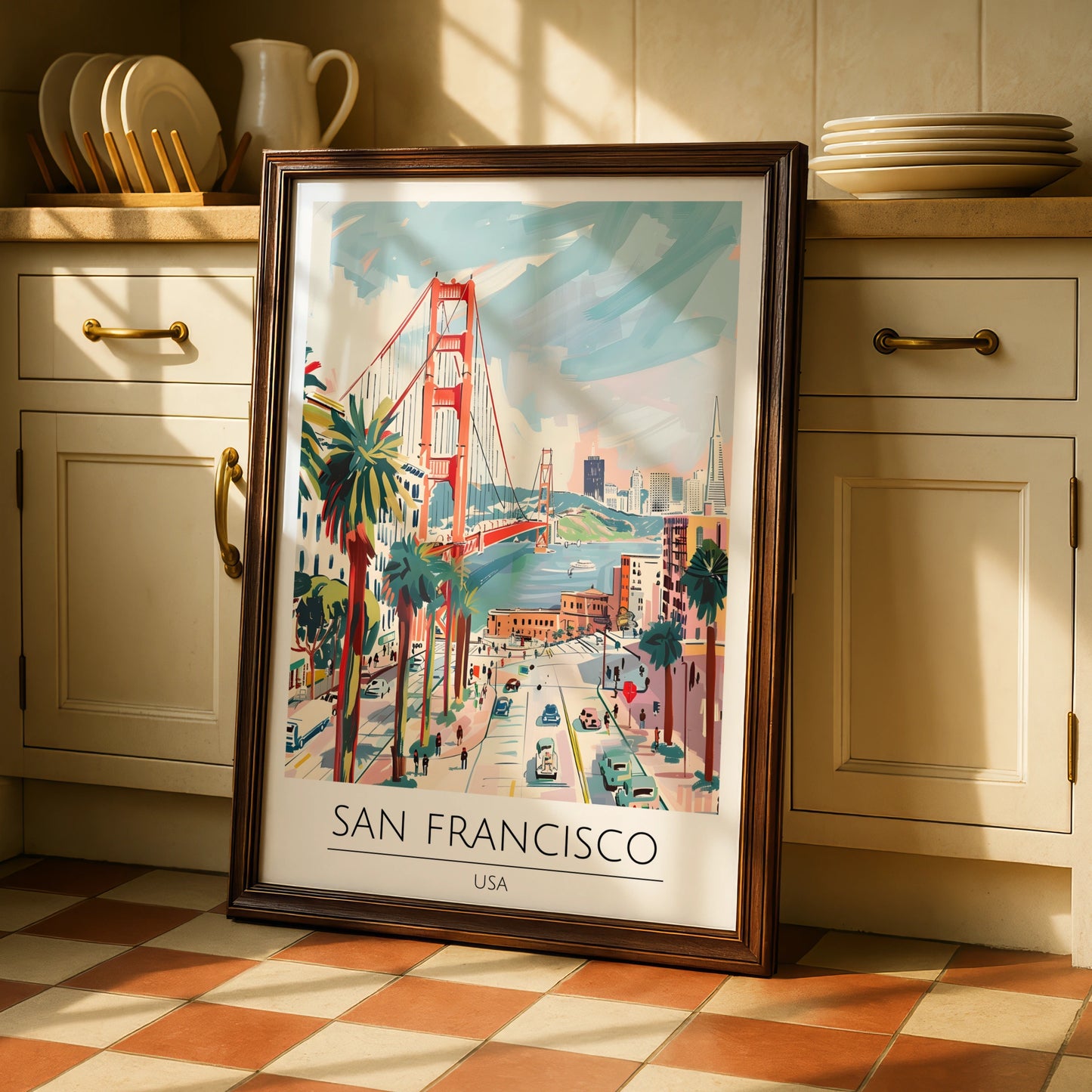 San Francisco Poster Art, Golden Gate Bridge, Colourful Wall Art, USA Cityscape, Vintage Coastal
