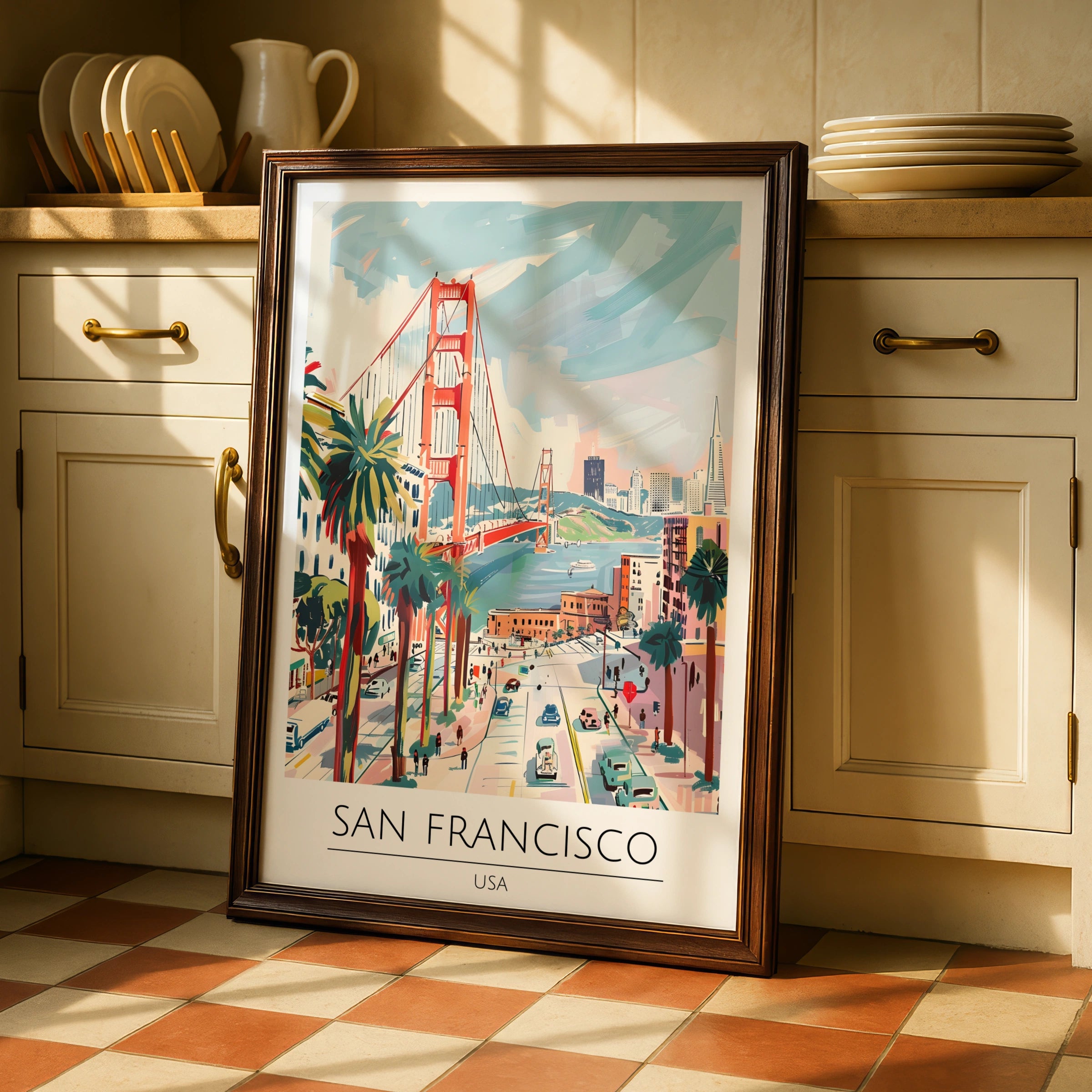 San Francisco Poster Art, Golden Gate Bridge, Colourful Wall Art, USA Cityscape, Vintage Coastal