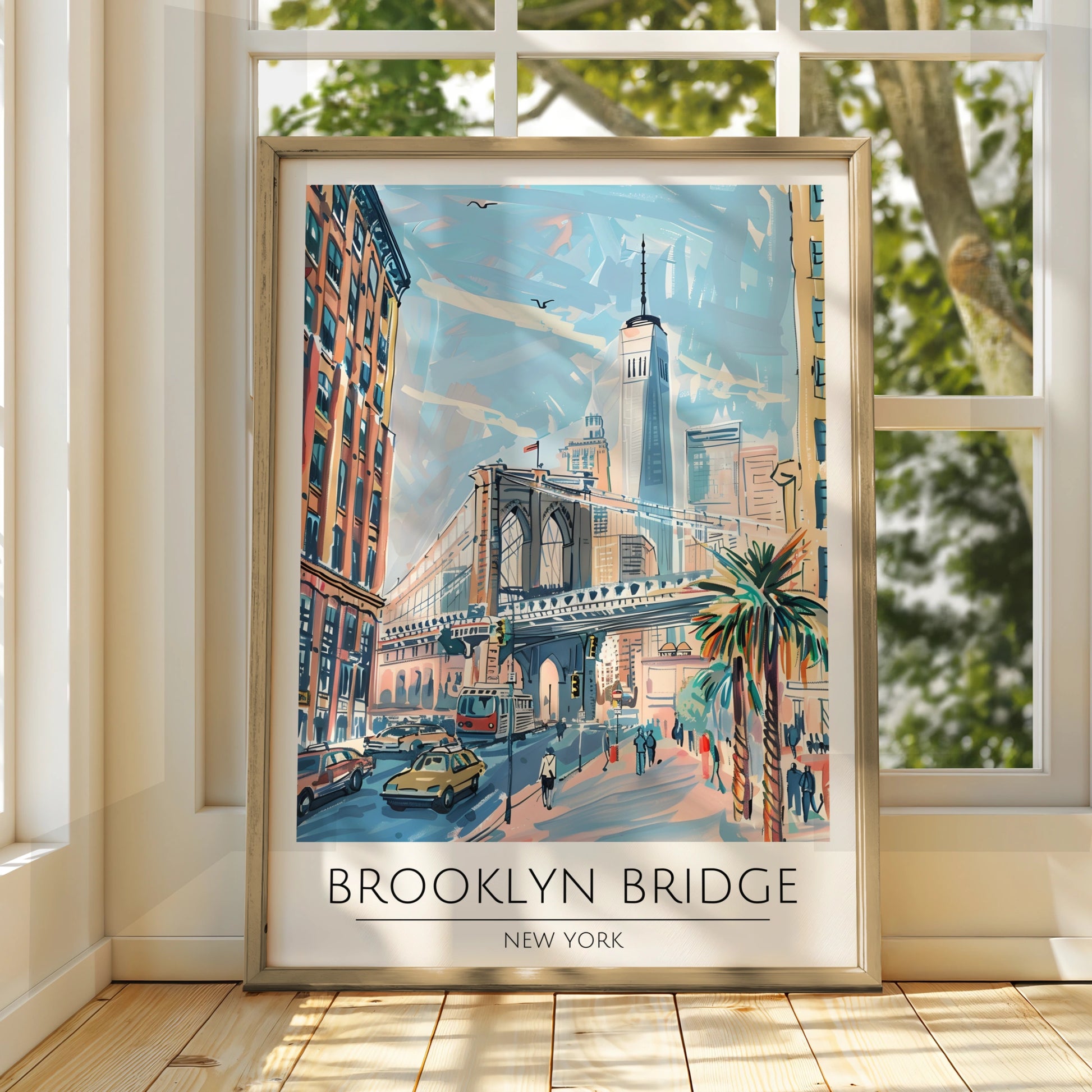 Brooklyn Bridge New York City Art Print, Colourful Travel Poster, Urban Wall Decor, New York City