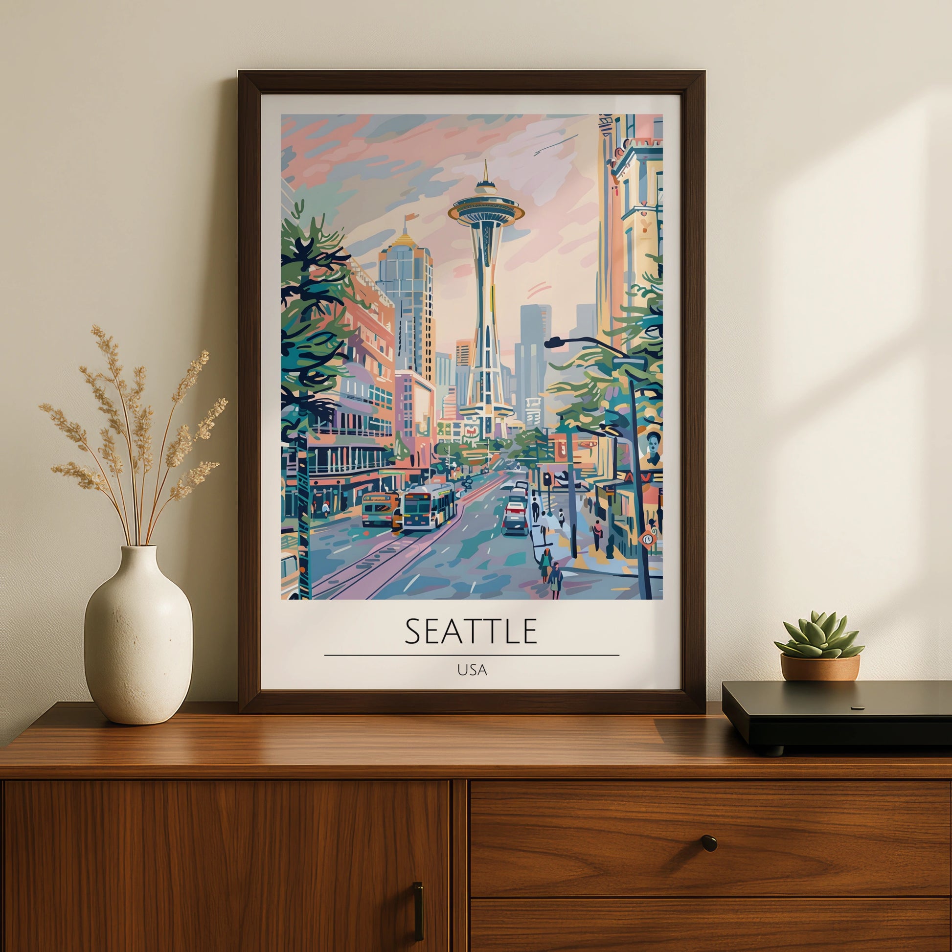 Seattle City View Poster, Colourful Artwork of Space Needle, Urban Wall Art, USA Decor, Modern Art