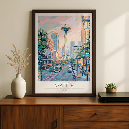 Seattle City View Poster, Colourful Artwork of Space Needle, Urban Wall Art, USA Decor, Modern Art