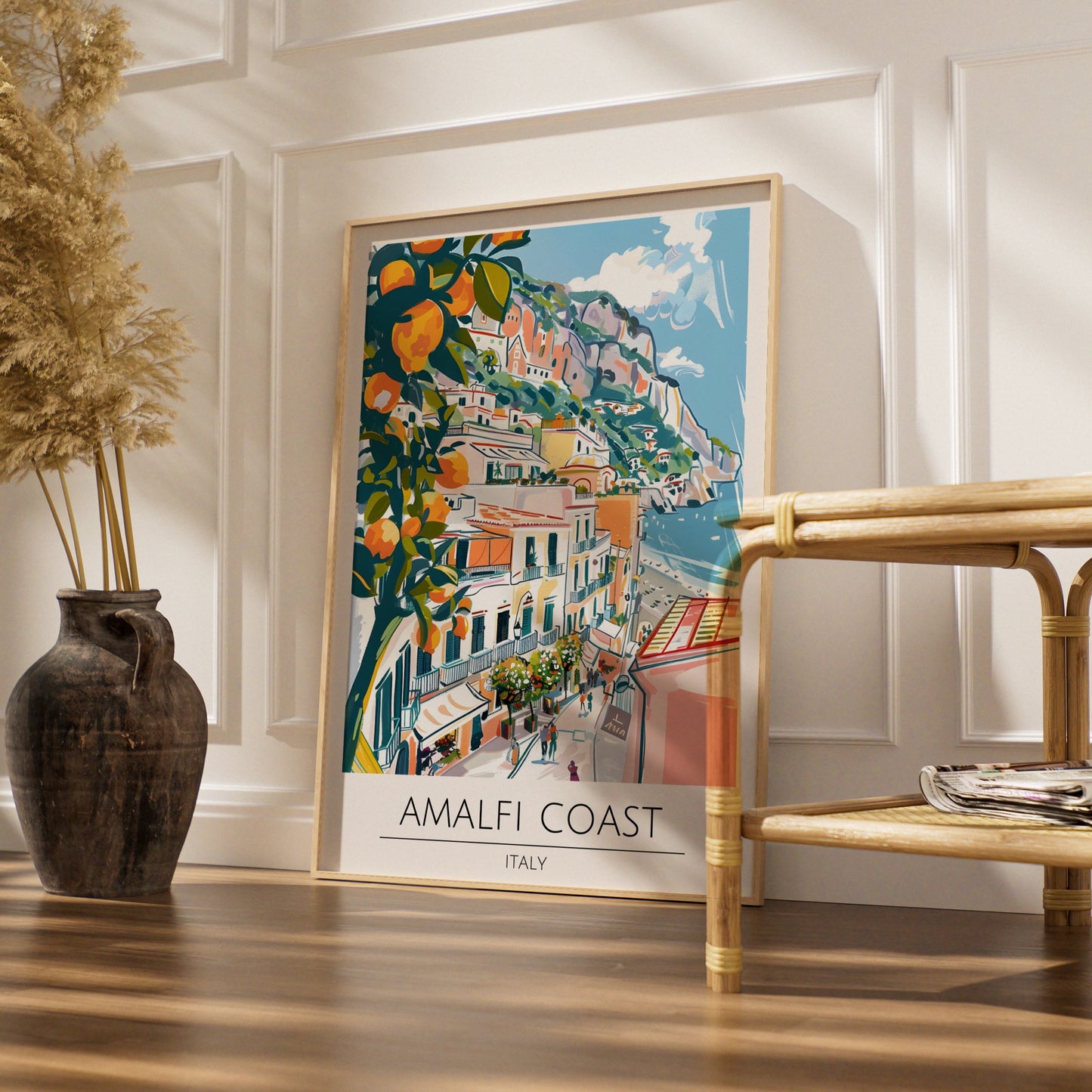 Amalfi Coast Art Print, Italian Landscape Poster, Colourful Coastal Town, Mediterranean Decor