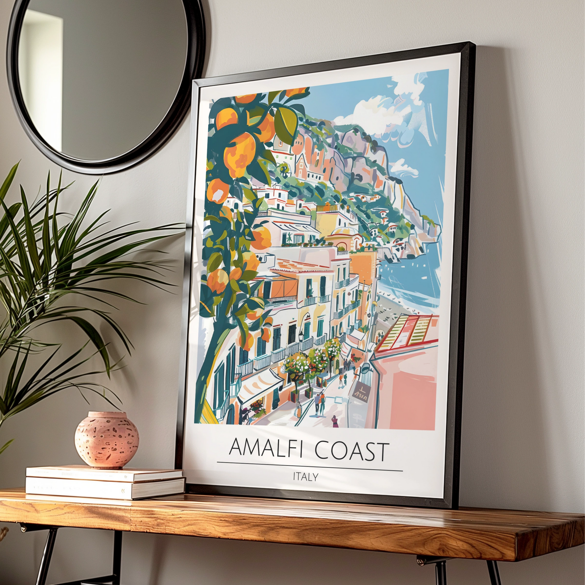 Amalfi Coast Art Print, Italian Landscape Poster, Colourful Coastal Town, Mediterranean Decor