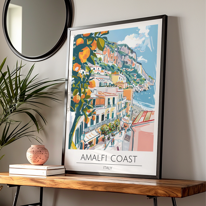Amalfi Coast Art Print, Italian Landscape Poster, Colourful Coastal Town, Mediterranean Decor