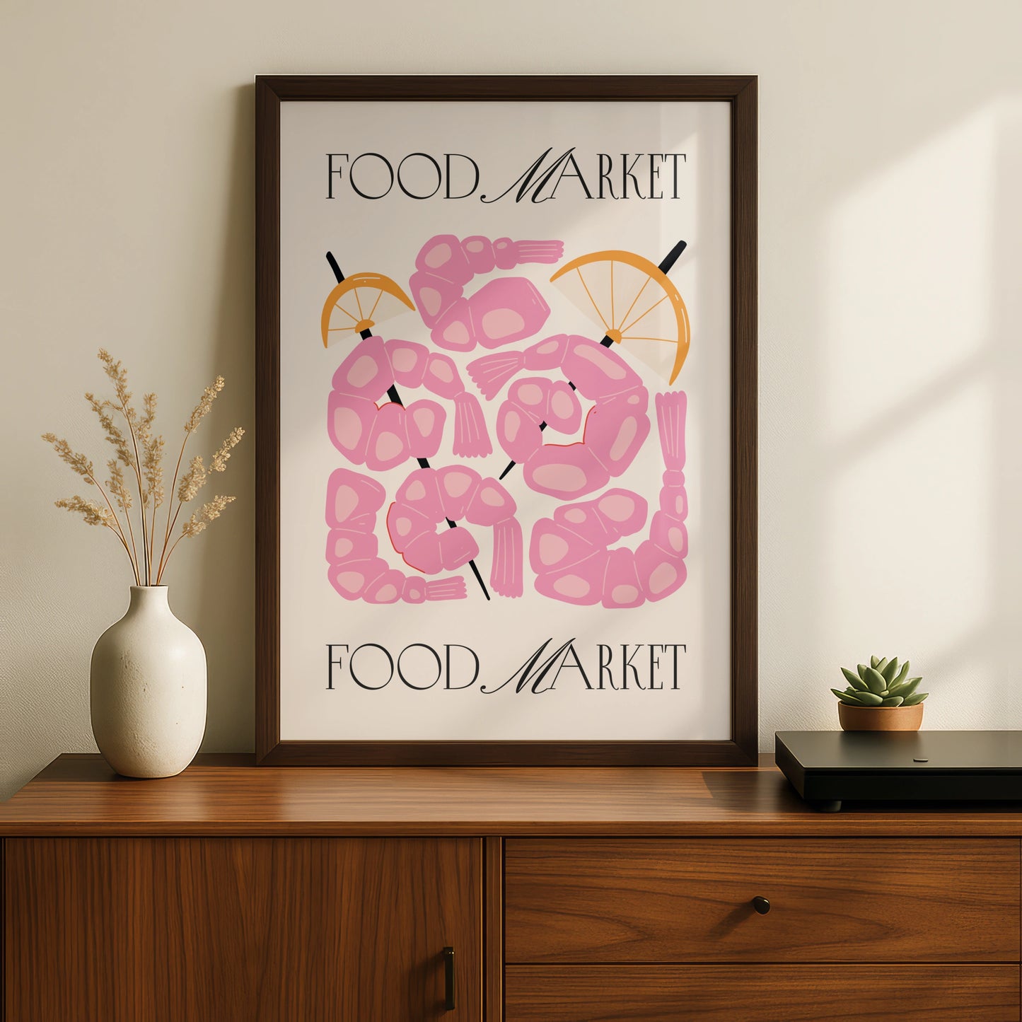 Food Market Shrimp Kitchen Print, Pink Prawn Poster, Seafood Wall Art, Retro Kitchen Decor