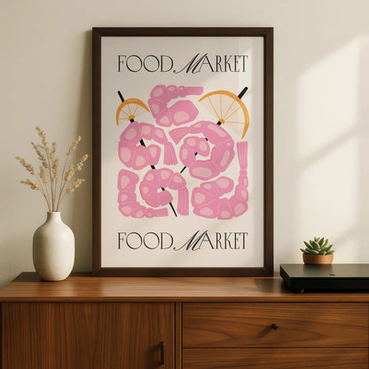 Food Market Shrimp Kitchen Print, Pink Prawn Poster, Seafood Wall Art, Retro Kitchen Decor