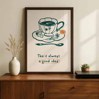 Tea Is Always A Good Idea Kitchen Print, Tea Cup Wall Art Poster, Quote