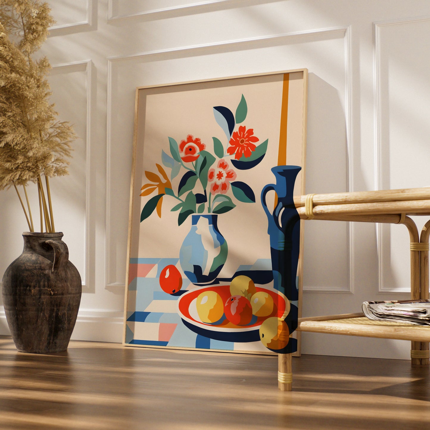 Kitchen Still Life Print, Floral Vase Fruit Bowl Wall Art, Colourful Modern Kitchen Poster