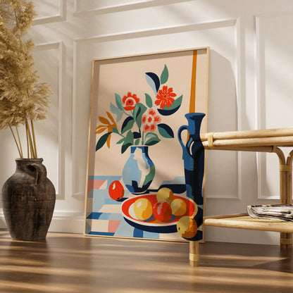 Kitchen Still Life Print, Floral Vase Fruit Bowl Wall Art, Colourful Modern Kitchen Poster