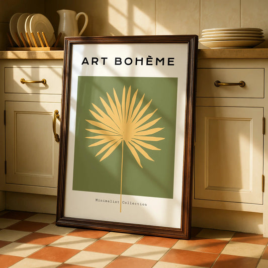 Boho Palm Leaf Kitchen Art Print, Green Gold Minimalist Poster, Tropical Wall Decor