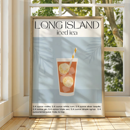 Long Island Iced Tea Cocktail Print, Kitchen Bar Cart Wall Art, Drinks Recipe Poster