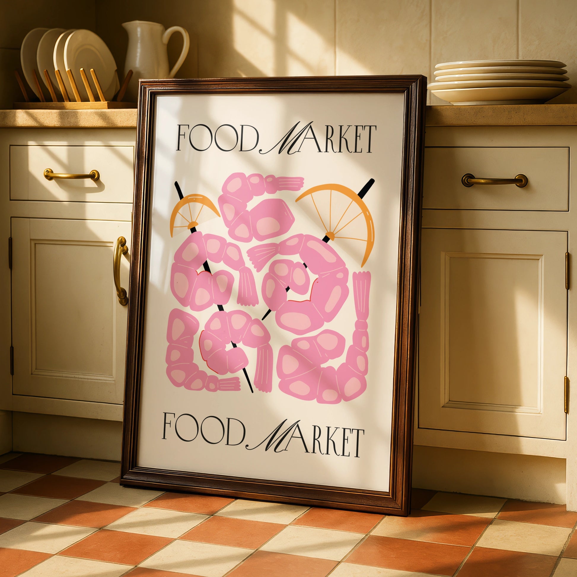 Food Market Shrimp Kitchen Print, Pink Prawn Poster, Seafood Wall Art, Retro Kitchen Decor