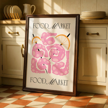 Food Market Shrimp Kitchen Print, Pink Prawn Poster, Seafood Wall Art, Retro Kitchen Decor