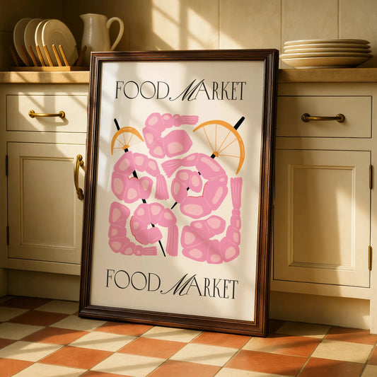 Food Market Shrimp Kitchen Print, Pink Prawn Poster, Seafood Wall Art, Retro Kitchen Decor