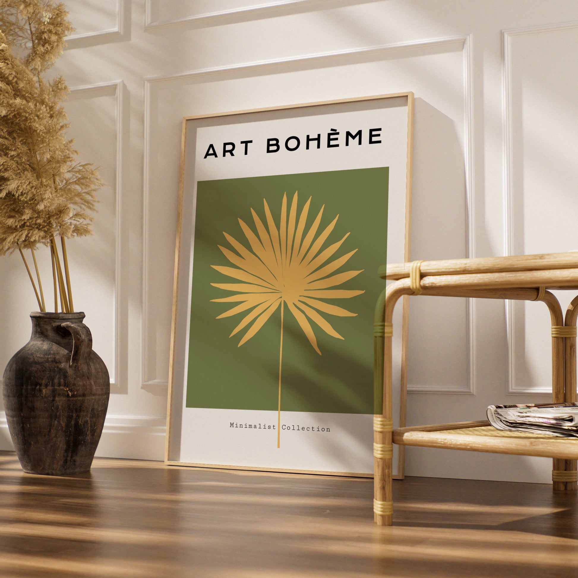 Boho Palm Leaf Kitchen Art Print, Green Gold Minimalist Poster, Tropical Wall Decor