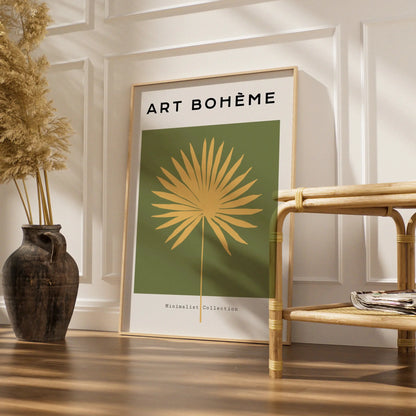 Boho Palm Leaf Kitchen Art Print, Green Gold Minimalist Poster, Tropical Wall Decor