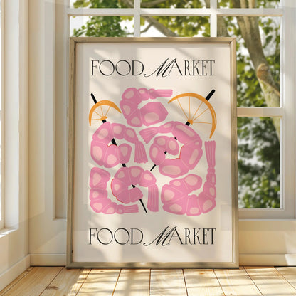 Food Market Shrimp Kitchen Print, Pink Prawn Poster, Seafood Wall Art, Retro Kitchen Decor