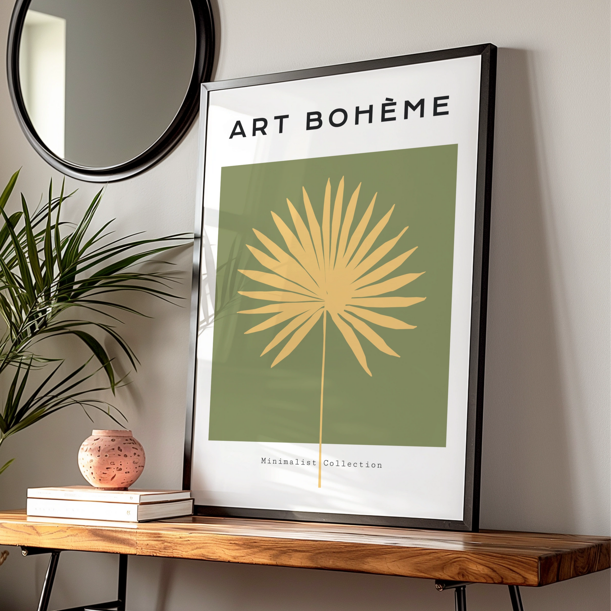 Boho Palm Leaf Kitchen Art Print, Green Gold Minimalist Poster, Tropical Wall Decor