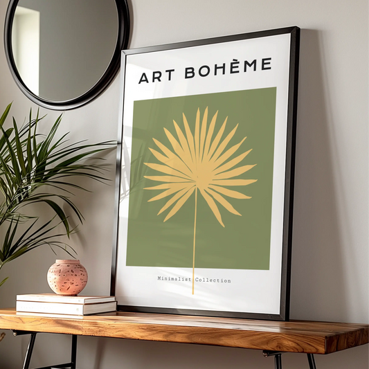 Boho Palm Leaf Kitchen Art Print, Green Gold Minimalist Poster, Tropical Wall Decor