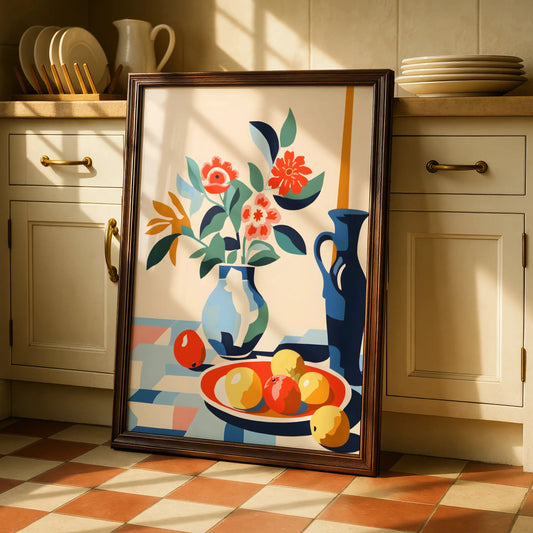 Kitchen Still Life Print, Floral Vase Fruit Bowl Wall Art, Colourful Modern Kitchen Poster