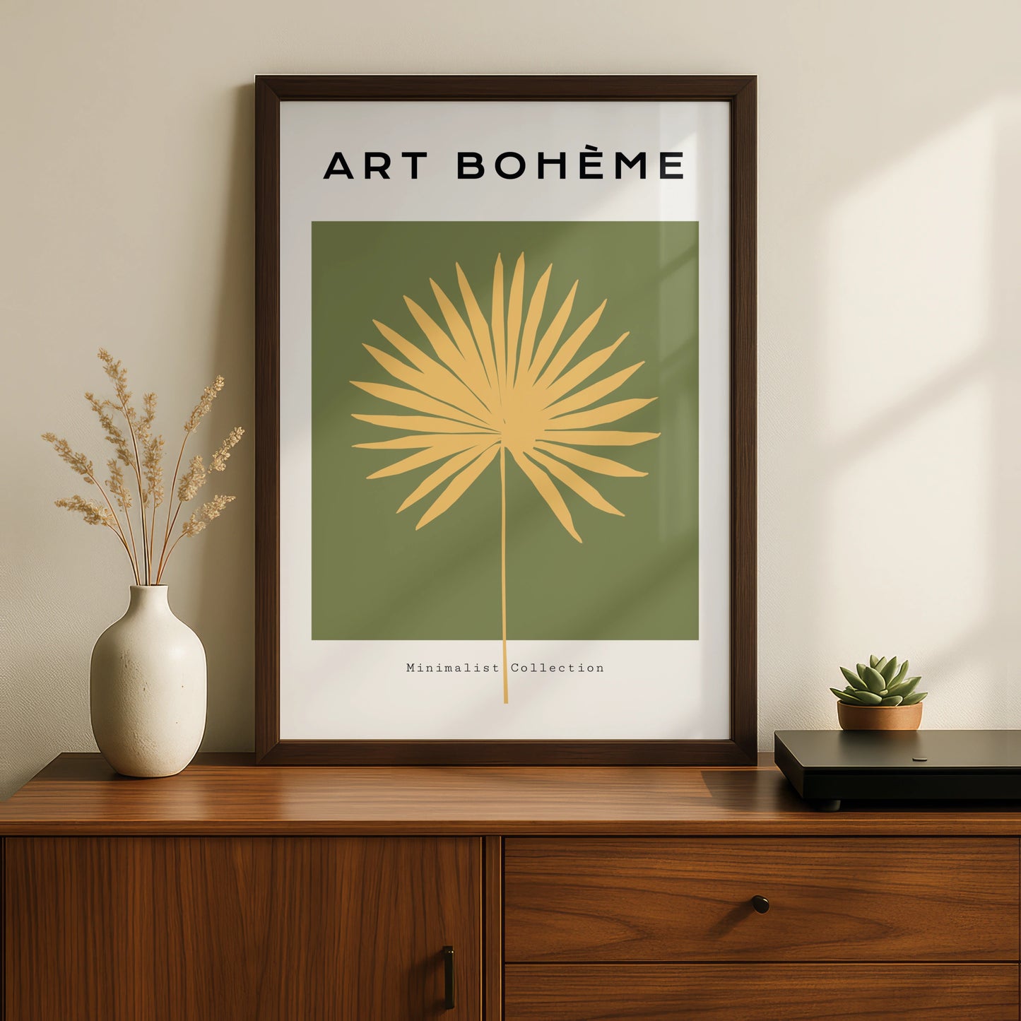 Boho Palm Leaf Kitchen Art Print, Green Gold Minimalist Poster, Tropical Wall Decor
