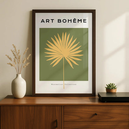 Boho Palm Leaf Kitchen Art Print, Green Gold Minimalist Poster, Tropical Wall Decor