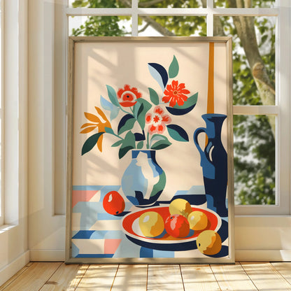 Kitchen Still Life Print, Floral Vase Fruit Bowl Wall Art, Colourful Modern Kitchen Poster