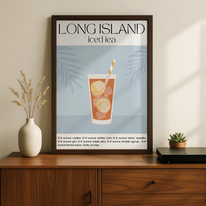 Long Island Iced Tea Cocktail Print, Kitchen Bar Cart Wall Art, Drinks Recipe Poster