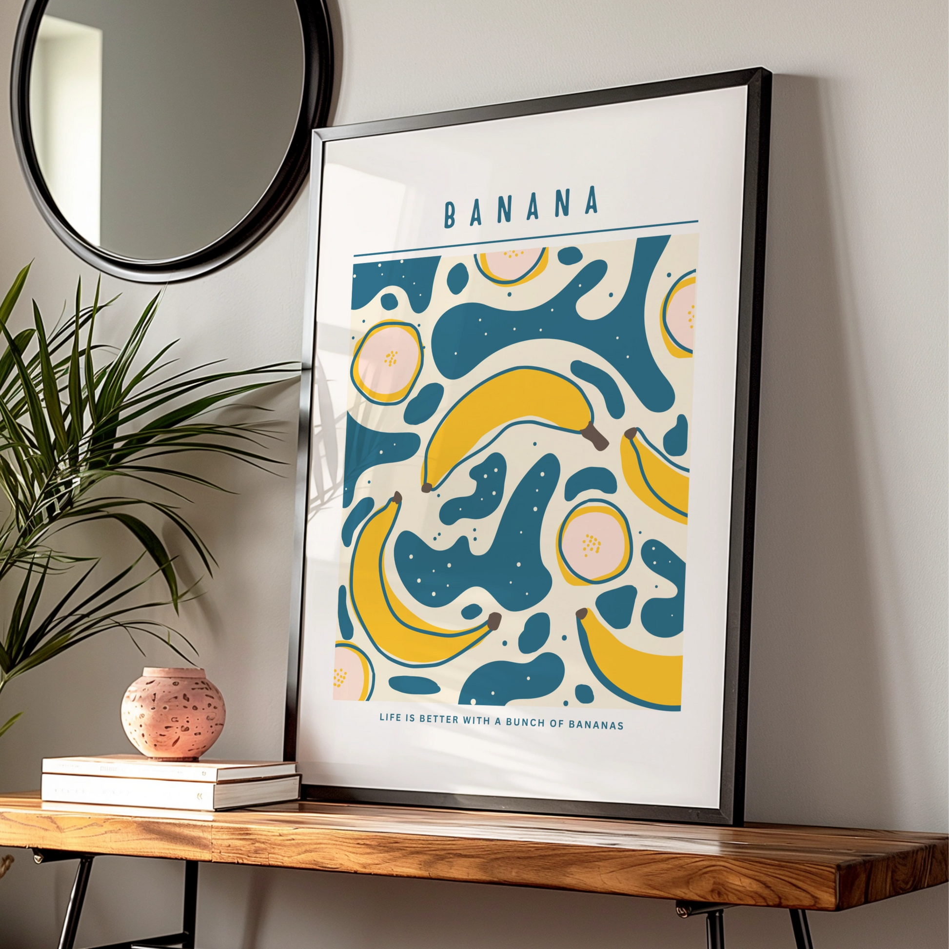 Banana Kitchen Wall Art, Fruit Print Poster, Teal Yellow Retro Kitchen Decor