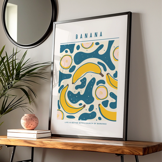 Banana Kitchen Wall Art, Fruit Print Poster, Teal Yellow Retro Kitchen Decor