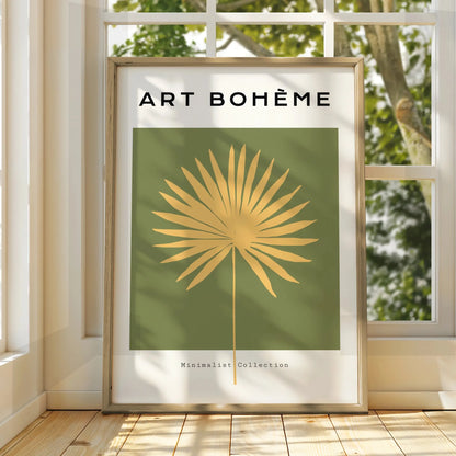 Boho Palm Leaf Kitchen Art Print, Green Gold Minimalist Poster, Tropical Wall Decor