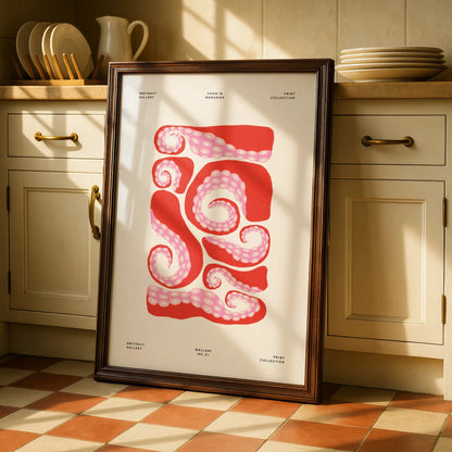 Octopus Tentacle Kitchen Art Print, Red Pink Food Wall Poster, Abstract Gallery